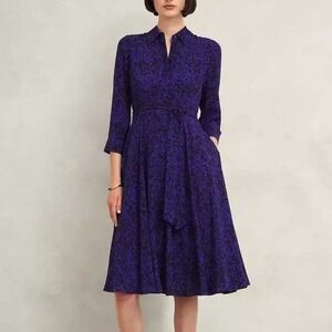 Hobbs Blue Butterfly Lainey Midi Shirt Dress Fit & Flare 3/4 Sleeve Pockets US 4